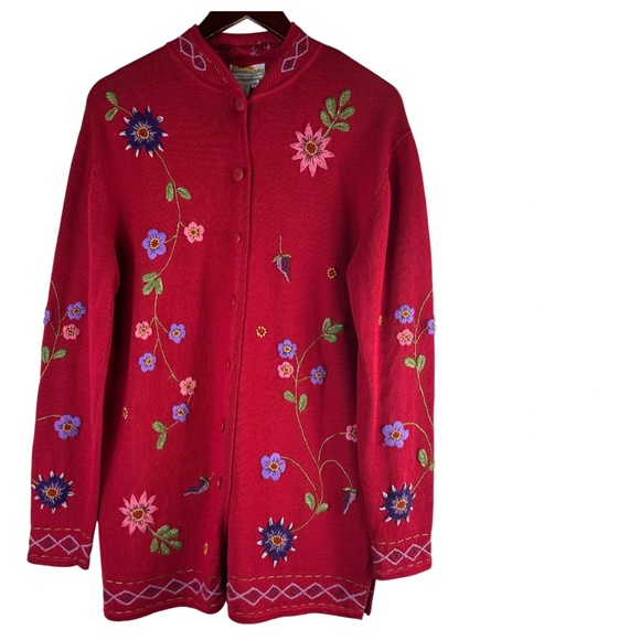 Coldwater Creek Cardigan Sweater Sz Medium Floral Embroidered Cottagecore Red - Picture 2 of 5